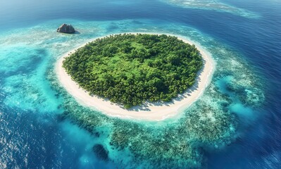 Obraz premium Serene Aerial View of Tropical Island Surrounded by Crystal Clear Blue Water and Vibrant Coral Reefs Under Bright Summer Sky