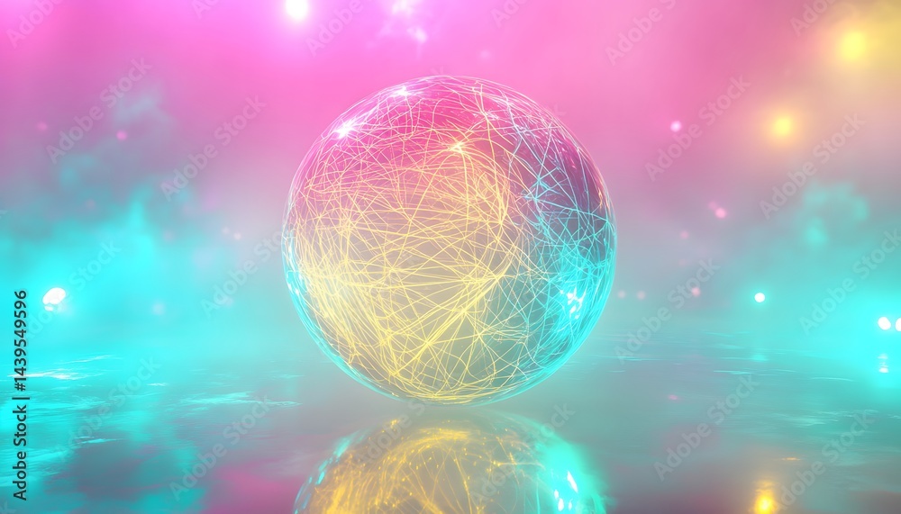 Wall mural a glowing sphere with lines floats in a colorful ambient scene