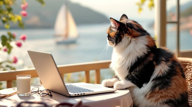 Elegant five-color cat with a laptop in a cafe by the sea: cozy atmosphere and stunning view, relaxation