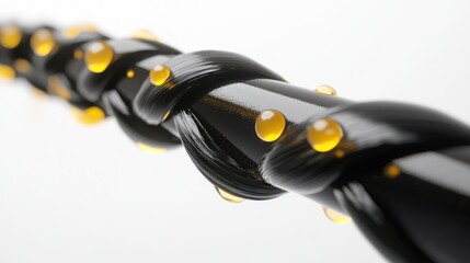 Naklejka premium Wet Black Braided Cable with Yellow Drops Close-up on White. Tech and Abstract
