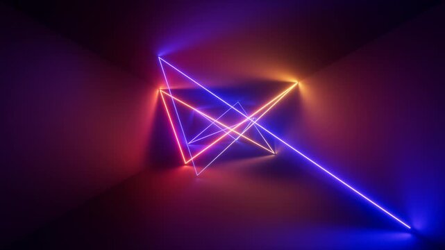 looping 3d animation, tangled lines glow with neon light and change colors from blue to red inside the dark room. Abstract animated geometric background, technological screen saver