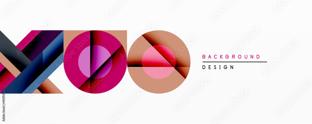 Poster Abstract geometric composition. Overlapping shapes create dynamic visual effect. Modern design utilizes vibrant colors, gradients, clean lines. Minimalist aesthetic suitable for backgrounds.
