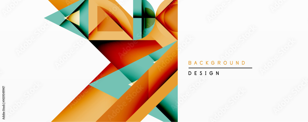 Poster Abstract geometric design features overlapping shapes. Orange, teal, brown hues create dynamic visual texture. Minimalist style suitable for backgrounds, presentations.
