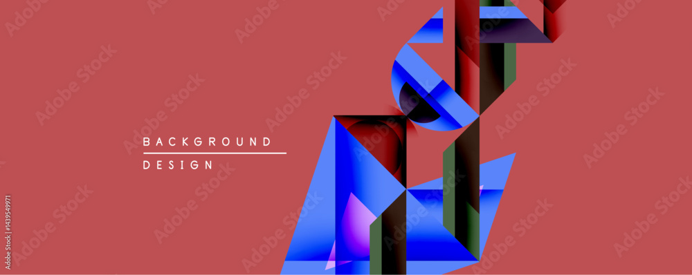 Poster abstract geometric composition. vivid blue, burgundy, dark green shapes overlap on reddish backgroun