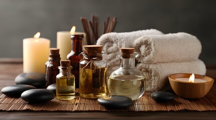 Spa essentials: aromatic oils, soft towels, smooth stones, and gentle candlelight