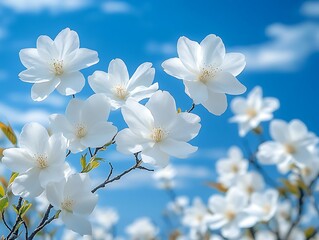 Fototapeta premium Bright white blossoms against a vibrant summer sky.