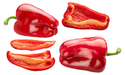 Set of red bell peppers or paprikas and paprika slices isolated.