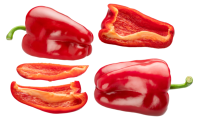 Set of red bell peppers or paprikas and paprika slices isolated.