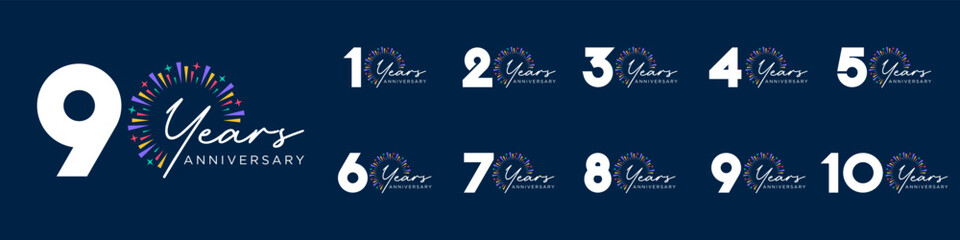 set of 10 to 100th anniversary logotype design, with colorful fireworks for celebration event, wedding, and birthday, vector illustration