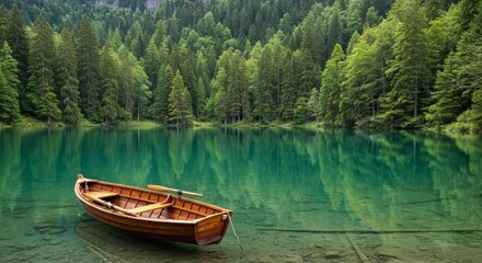 Obraz premium Serene alpine lake with a rowboat and reflections of lush forest trees