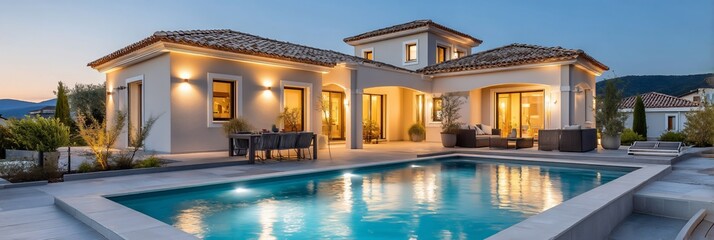 Modern Villa with Pool at Dusk