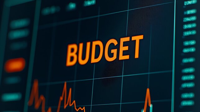 Digital screen displaying the word "BUDGET" with financial graphs and data visualizations in the background.