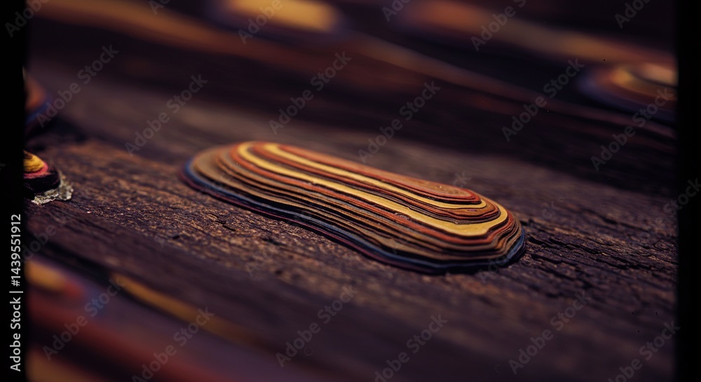 Poster a close up of a piece of wood with a colorful, multi-layered object on it