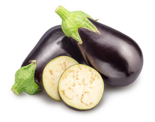 Fresh purple aubergine or eggplant with slices isolated.