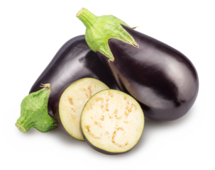 Fresh purple aubergine or eggplant with slices isolated.