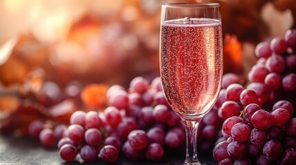 Sparkling ros? wine in a glass with autumnal grapes.