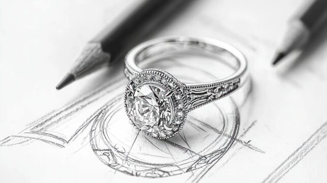 A pencil sketch of an intricate engagement ring design