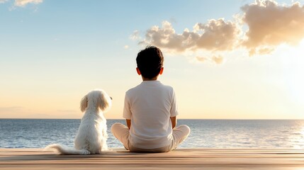 Fototapeta premium Boy and Small Dog Sitting on Dock Looking at Ocean View