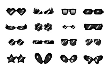 Big set of retro glasses of different shapes. Black sunglasses with glare. Vintage collection of sunglasses 70-80s. Set of icons. Round glasses, aviators, flowers, hearts, square, with flame, stars.