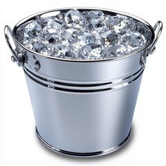Metal bucket filled with clear ice cubes on a white background perfect for drinks and events