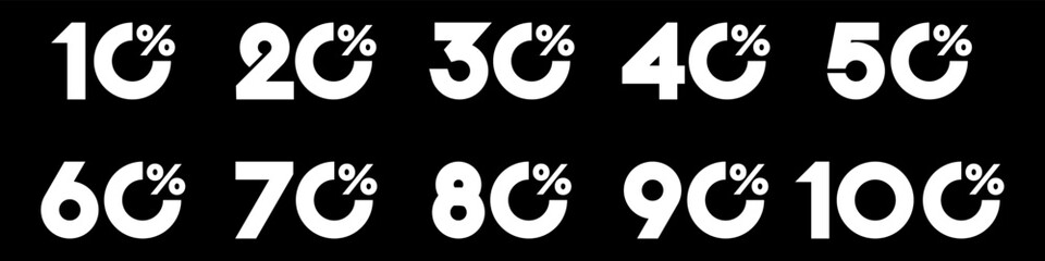 set of collection of discount numbers white color, Sale icons or tags with 10, 20, 30, 40, 50, 60, 70, 80, 90 percent discount. Vector illustration.