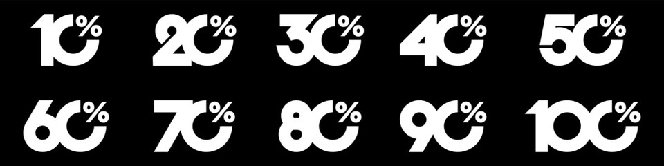 set of collection of discount numbers white color, Sale icons or tags with 10, 20, 30, 40, 50, 60, 70, 80, 90 percent discount. Vector illustration.