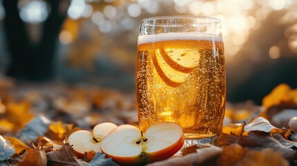 Autumnal drink surrounded by fallen leaves and sliced apples.