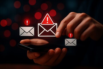 Hand touching smartphone with email alert notifications and red warning signs, representing communication, technology, and risk