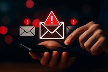 Hand touching smartphone with floating email alert notifications and red warnings, showing communication, risk, and technology