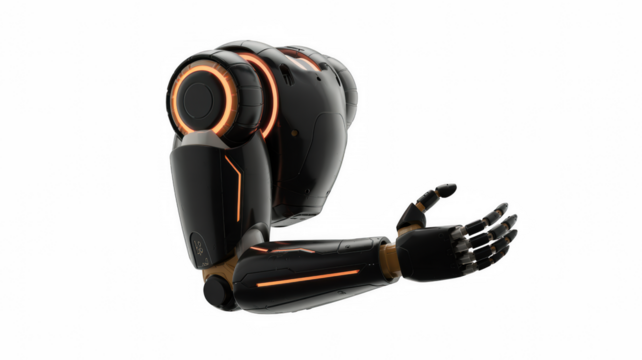 Sci-fi robotic arm with orange highlights and transparent background
