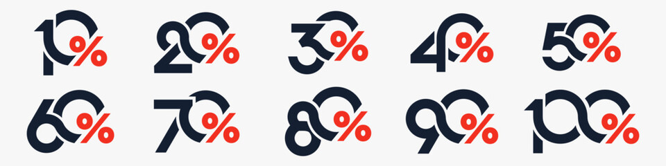 set of collection of discount numbers, Sale icons or tags with 10, 20, 30, 40, 50, 60, 70, 80, 90 percent discount. Vector illustration.