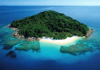 Fototapeta premium Serene Tropical Island Surrounded by Crystal Clear Waters and Lush Greenery Under Bright Blue Sky in an Idyllic Paradise Setting