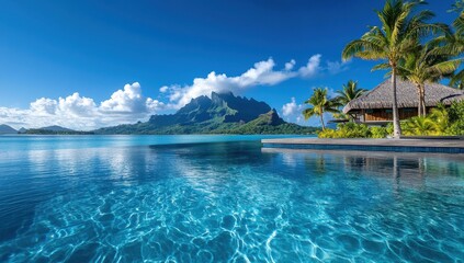 Fototapeta premium Serene tropical paradise featuring crystal-clear water, palm trees, and majestic mountains under a bright blue sky in an idyllic island setting