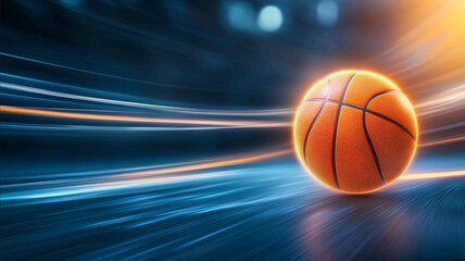 Big basketball ball captured at high speed with motion blur featuring glowing orange and yellow light trails curving into the horizon at sunset A dynamic urban scene
