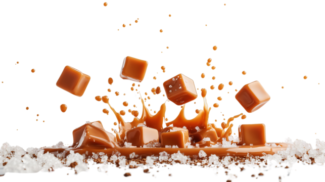 Caramel cubes create splashes when they hit syrup, PNG, created with Generative AI
