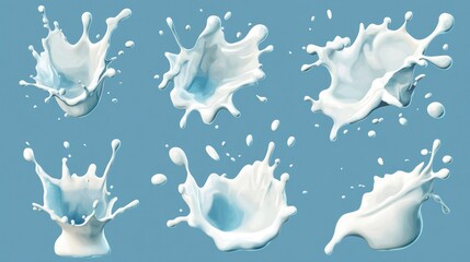 Milk splashes, various shapes, blue background, food advertising (1)