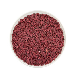 top view flat lay pile of ferment red yeast rice or Angkak in ceramic white bowl cutout