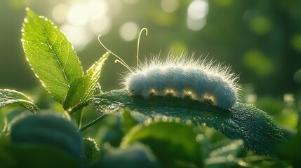 Fototapeta premium Soft-bodied caterpillar on a dewy leaf in morning light.