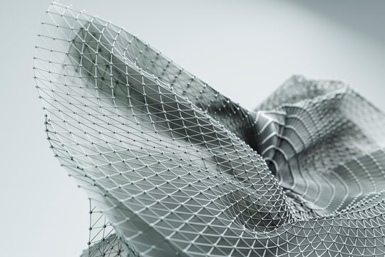 Abstract 3D rendering of a geometric mesh structure representing connectivity and network concepts