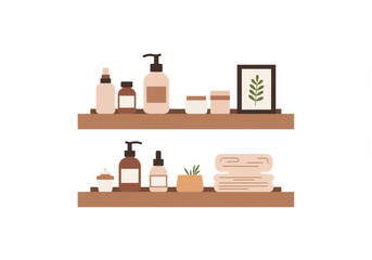 Minimalist flat illustration of bathroom shelf with skin care bottles, towels, soap and potted plant. Bathroom decor, cosmetics. Self-care concept. AI generated