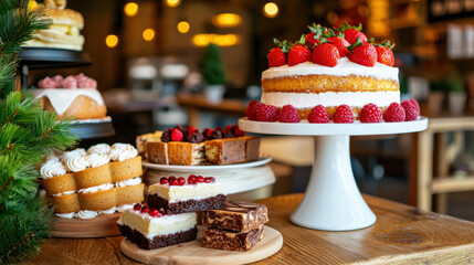 Naklejka premium Delicious cake display featuring variety of desserts, including strawberry cake, brownies, and pastries, creating festive