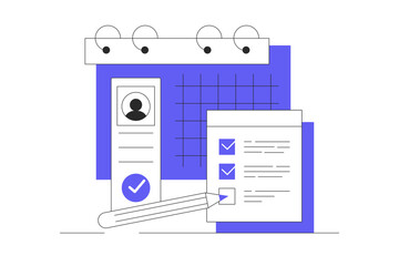 Planning shedule. Time management and scheduling or setting a deadline calendar. Checklist. Assignment. Flat Cartoon Vector Illustration, icon. Stylish abstract design landing page