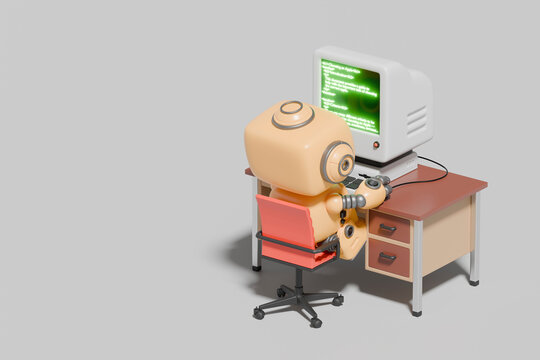 3D rendering of a robot coding at a computer desk