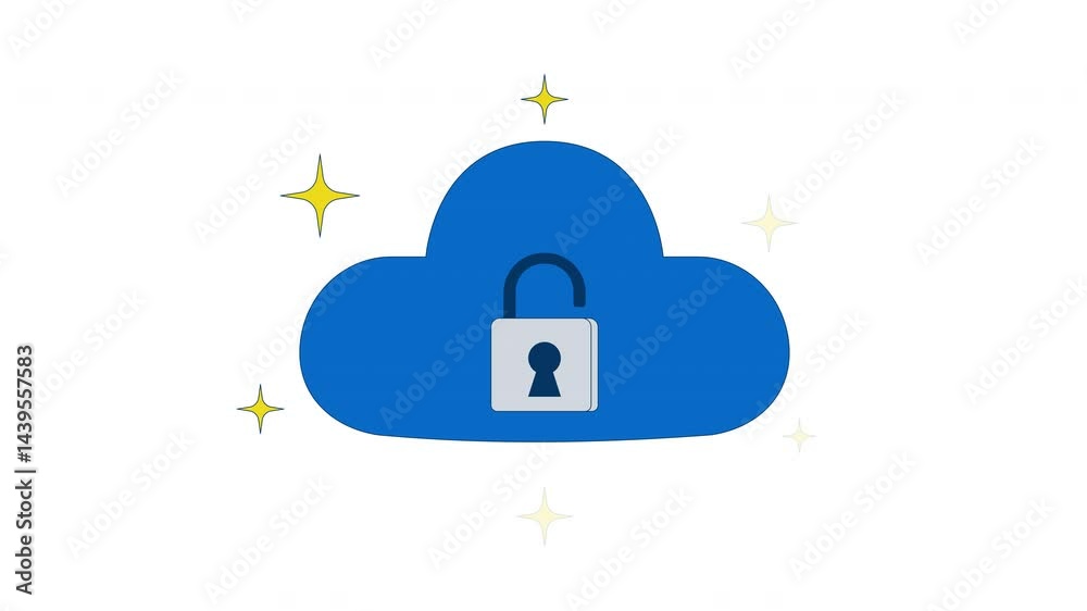 Poster unlocked cloud security 2d cartoon object animation. open padlock privacy. digital access. cloud vul