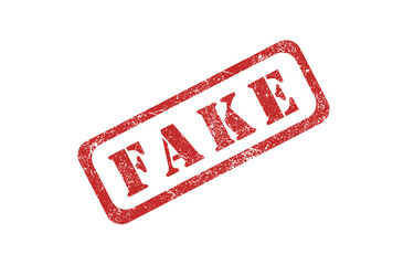 Red Rectangular "FAKE" Stamp with Distressed Sans-Serif Font – Grunge Rubber Stamp Graphic Symbolizing False Information, Counterfeit, or Deceptive Content

