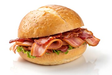 Delicious Bacon Roll Shot on White and Cut-Out with Crispy Texture.