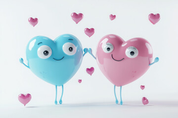 Obraz premium Cute blue and pink heart-shaped characters with googly eyes and arms expressing affection and joy on a white background in 3d rendering