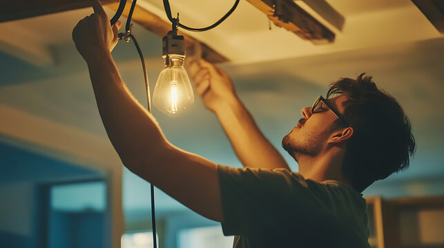 Man Installing a Light Bulb in a Ceiling Fixture