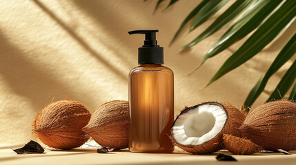Close up product photography of Coconut Oil Bottle with Fresh Coconuts. Coconut oil bottle displayed with fresh coconuts, ideal for wellness and beauty product marketing.