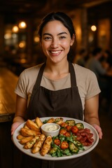 A confident young woman wearing a casual apron, smiling warmly while holding a platter of delicious food with various appetizers.